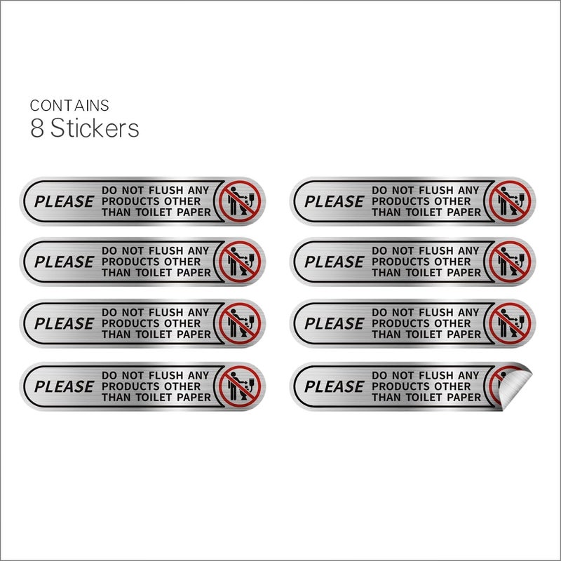 LEMBANG 8 pieces Small Please Do Not Flush Any Products Other Than Toilet Paper Stickers,Brushed Silver Do Not Flush Rules Bathroom Sign, 5x1in - Image 3